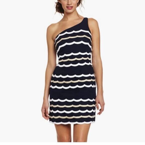Lilly Pulitzer size 4 small one shoulder blue gold Dress stripe sirens guest - Picture 15 of 15